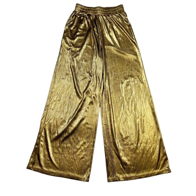 Grace Karin Gold Wide Leg Pants Womens Small Elastic Waist Pull On Pockets