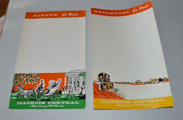 2 Vintage Illinois Central Railroad Dining Car Menus Breakfast & Dinner
