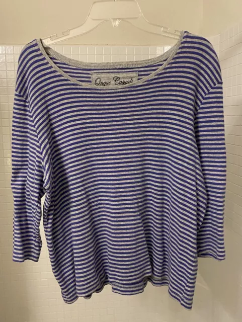 Onque Women's Purple Gray Striped 3/4 Sleeve Casual Top XL