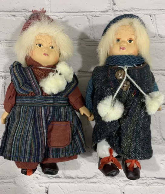 VINTAGE Set Of 2 Dolls Porcelain Face Hands Folk Dressed 8” Tall Nordic W Ski’s