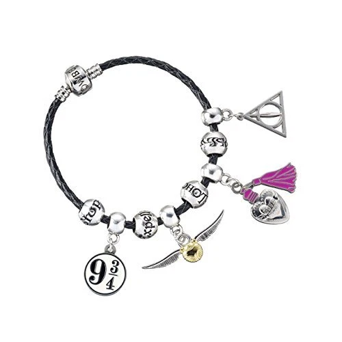 Harry Potter Charm Set- Black Leather Bracelet/Deathly Hallows/Snit... NEU