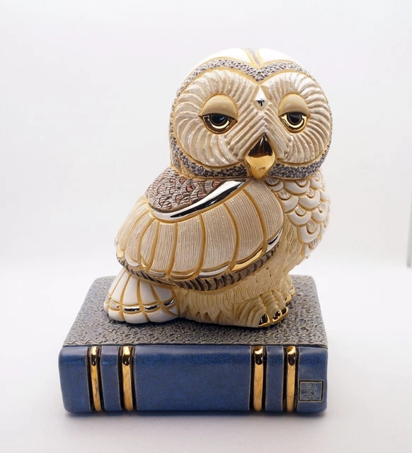 New 2 PcSet De Rosa Rinconada Large Figurine Wise Owl on Book Gold Enamel DeRosa