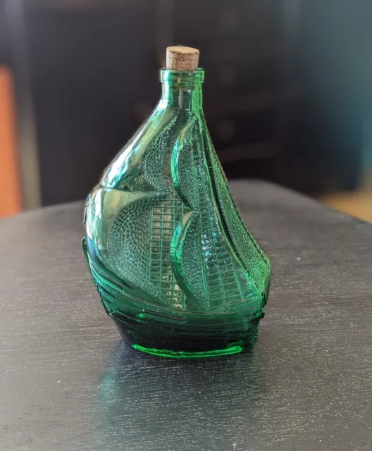VTG GREEN GLASS French Boat Ship Shaped Wine Liquor Decanter Bottle ...