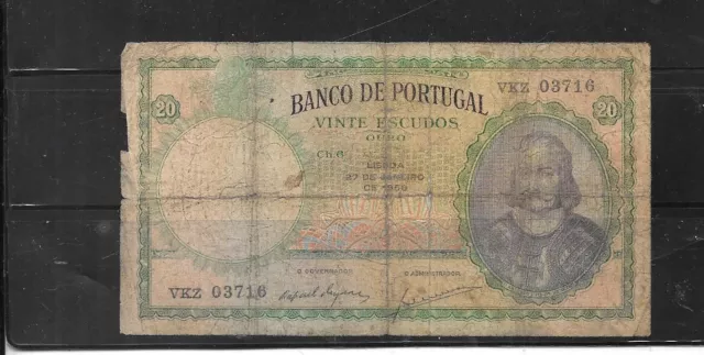 PORTUGAL #153b 1958  20 ESCUDOS GOOD CIRC OLD BANKNOTE PAPER MONEY  BILL NOTE