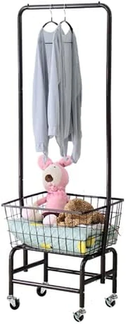 Rolling Laundry Hamper Basket Cart with Wire Storage Rack and Hanging Rack Comm