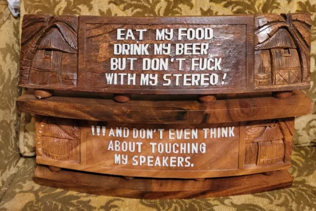 Vtg Carved Wood Tiki Bar Hawaiian Luau DJ Signs Don't Mess My Stereo n Speakers