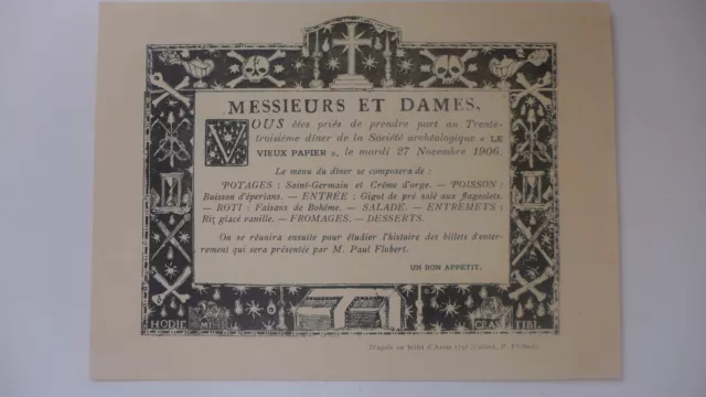 1906 MENU Diner société LE VIEUX PAPIER crée en 1900 d'après un billet d'ARRAS