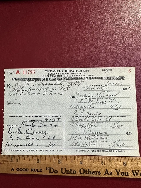 Antique Prohibition Whiskey Prescription Massillon Ohio 1924 Craig Drugstore