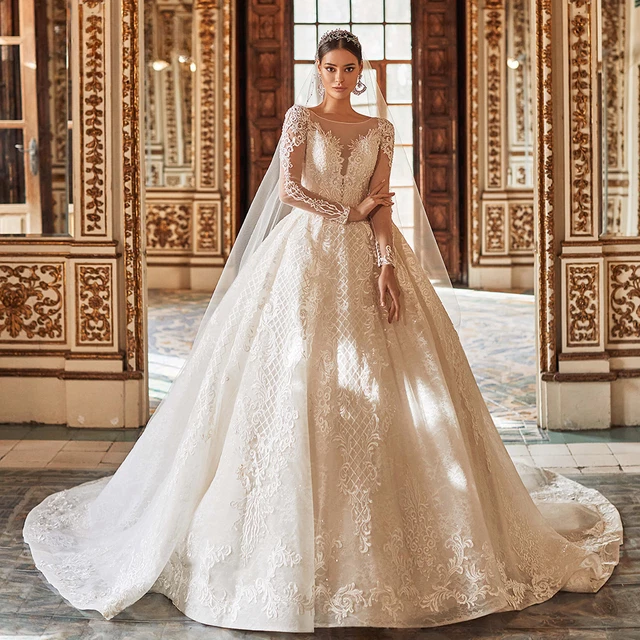 Luxury Ball Wedding Dresses Long Sleeves Beading Applique Vintage Princess Gowns