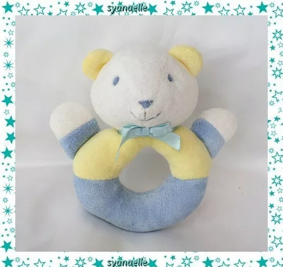 Doudou Peluche Hochet Ours Blanc Bleu et Jaune Grelot Noukie's