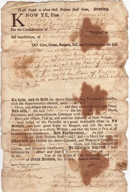 1758 antique COLONIAL LAND DEED~JOHN FLOWERS /ELISHA TAYLOR hartford simsbury ct