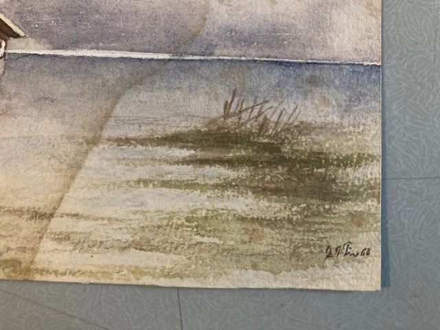 Belle Aquarelle Ancienne Du XIXe Siècle – Paysage De Lac Ou Rivière Avec Arbres
