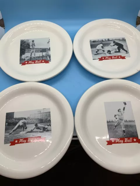 Set of 4 Pottery Barn Baseball Snack Plates Vintage Photos White Stoneware 8inch