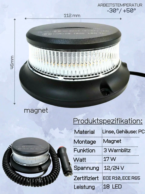 Led Rundumleuchte Für Fahrzeuge – 12/24V Mit Magnet, ECE R65/R10 Zugelassen | 3 Blinkmodi, Wasserdicht (IP65) Rundumleuchte Traktor