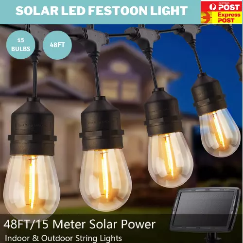 15M 30M Solar Power LED String Lights Bulb Festoon Wedding Party Waterproof OZ