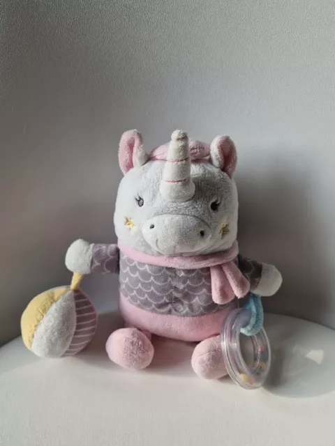 Doudou Peluche Mots D'enfants Licorne Activités Écharpe Anneau Grelot Rose Gris