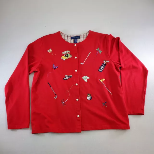 Karen Scott Womans Red Full Button Long Sleeve Top Shirt Golf Embellishments Lrg