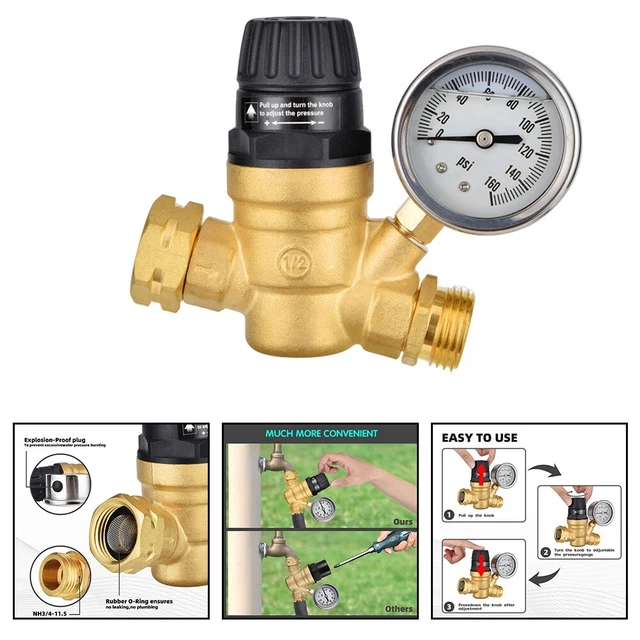 Régulation Débit Eau Régulateur Pression Eau Laiton Manomètre - DN20 3/4 - Réglable 0-16 Bar - Pour Robinet Et Chauffe-Eau Rateau A Feuille