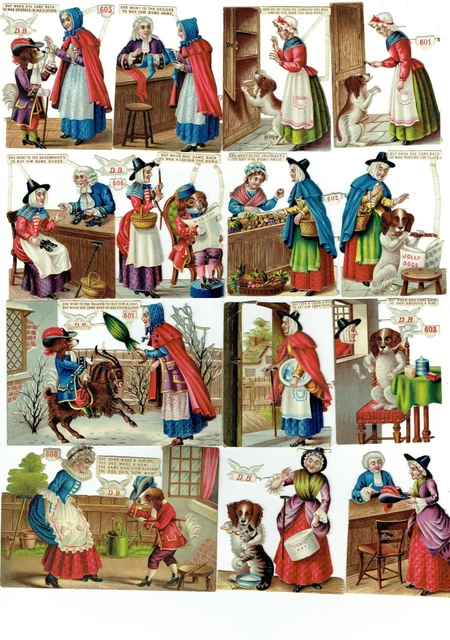 Rare Full Set OLD MOTHER HUBBARD Litho D B Die Cut Paper Scraps 1880's Antique