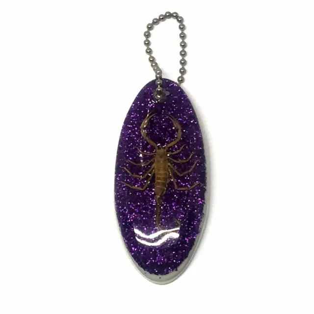 Vintage Scorpion Long Oval Keychain with Purple Glitter New Old Stock USA