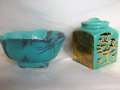 Lot/2 - MCM Vintage Blue & Gold Ceramic Candy Dish Bowl & Lidded Jar