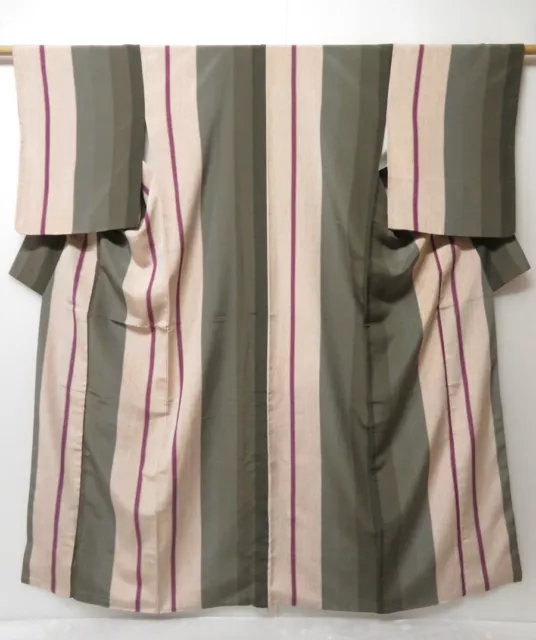 0614T09z800 Vintage Japanese Kimono Silk OMESHI KOMON Dark green-gray Stripe