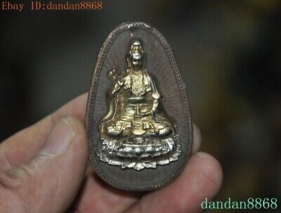 China bronze Gilt cast metal Kwan-Yin GuanYin Bodhisattva statue amulet Pendant