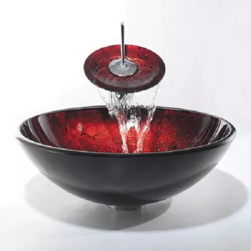 LUXURY Glass sink WASH BOWL RED BLACK painted basin MATCHING WATERFALL Tap WASTE