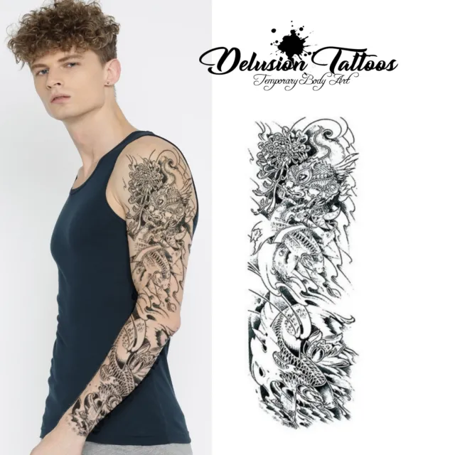 Realistic Temporary Tattoo Sleeve - Black Koi Carps, Mens, Womens, Kids