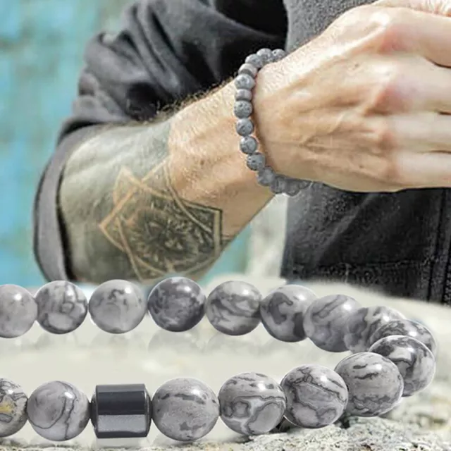 Men Women Natural Stone 8mm Lava Rock Bracelet Elastic Yoga Beads Bracelet WR