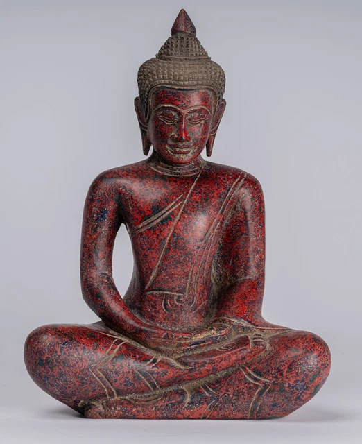 Antique Khmer Style Wood Seated Buddha Statue Dhyana Meditation Mudra - 33cm/13"
