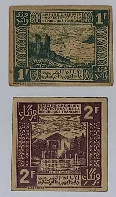 1944 Empire Cherifien Protectorat De La Republique Notes L. Schultz ~1 F & 2 F