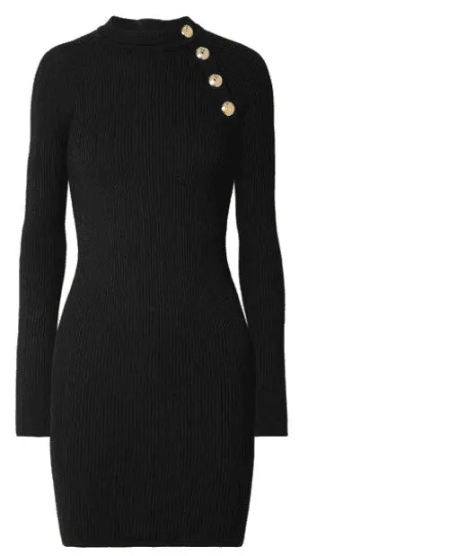 NWT: BALMAIN Black Button-embellished ribbed-knit mini dress FR 38/US 6 $1350