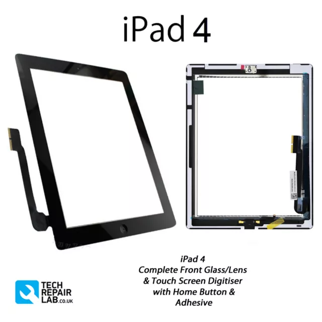 NEW iPad 4 Complete Front Glass Panel Digitiser Touch Screen w/Adhesive - BLACK
