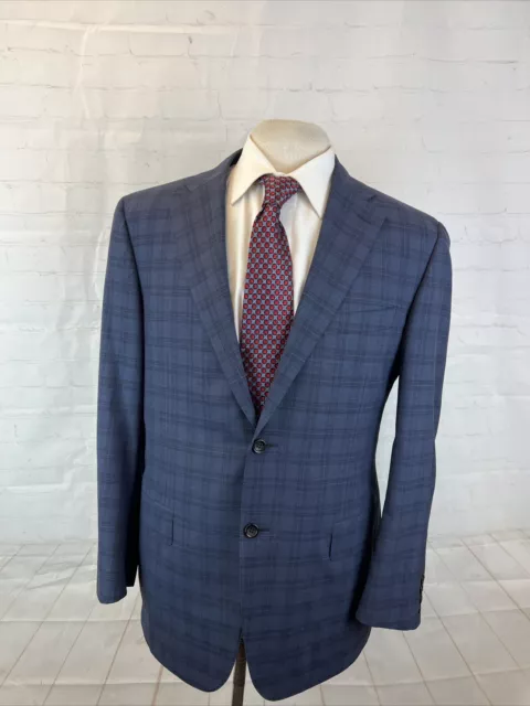 SUPER 160'S Canali Men's Navy Blue Plaid Wool Suit 40R 33X30 $3,495