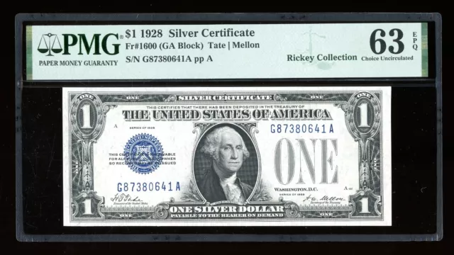 DBR 1928 $1 Silver Fr. 1600 GA Block PMG 63 EPQ Serial G87380641A
