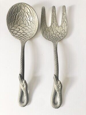 Swan Figural Vintage MCM ?  Kitchen Dining Aluminum Salad Serving Fork Spoon Set