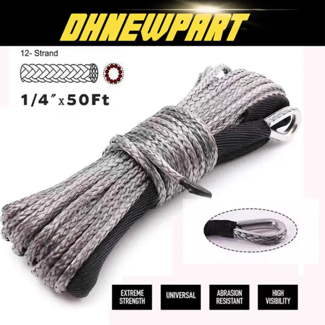 10000LB Synthetic Winch Rope Line Recovery Cable ATV UTV w/ Sheath 1/4"x50' Gray