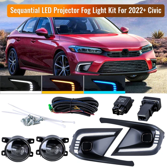 FOR 20222023 CIVIC Drl Led Fog Lamp Bezel Cover + Clear Projector Fog