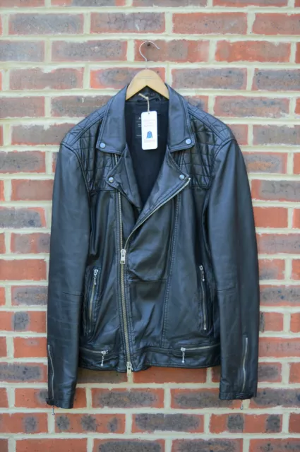 *OMG* All Saints Mens CONROY Leather Biker Jacket Grey/Black XL XXL EXTRA LARGE