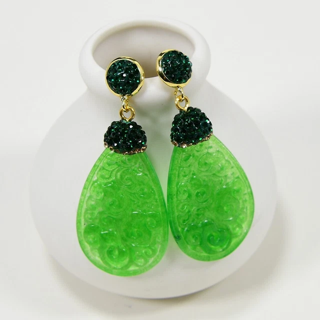 Green Jade Rhinstone Pave Green Crystal Danlge Earrings Fashion Jewelry Wedding
