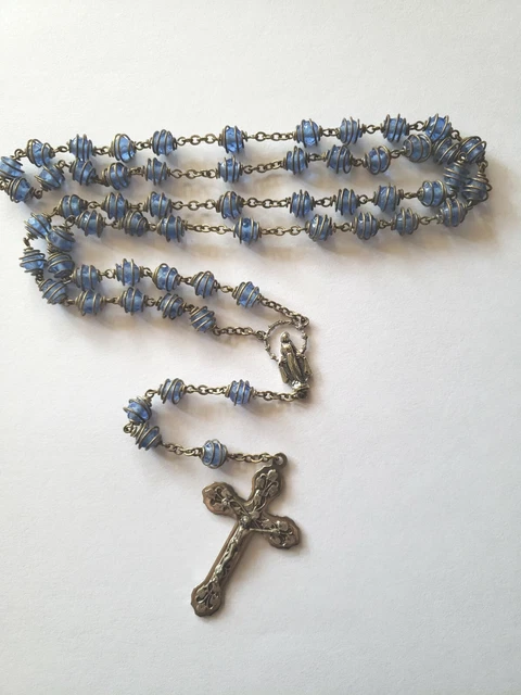 Vtg Rosary Blue Pressed Glass Wire Wrapped Mary Miraculous Center Medal Crucifix