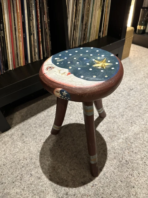 VINTAGE HAND PAINTED Stool | Folk Art Astronomy Astrology Stars Moon 60s?  Retro £99.99 - PicClick UK