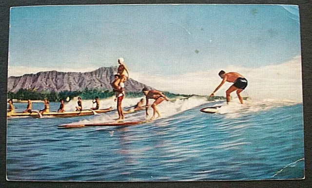 United Air Lines Advertising Postcard Diamond Head Hawaii Surfers Waikiki Beach