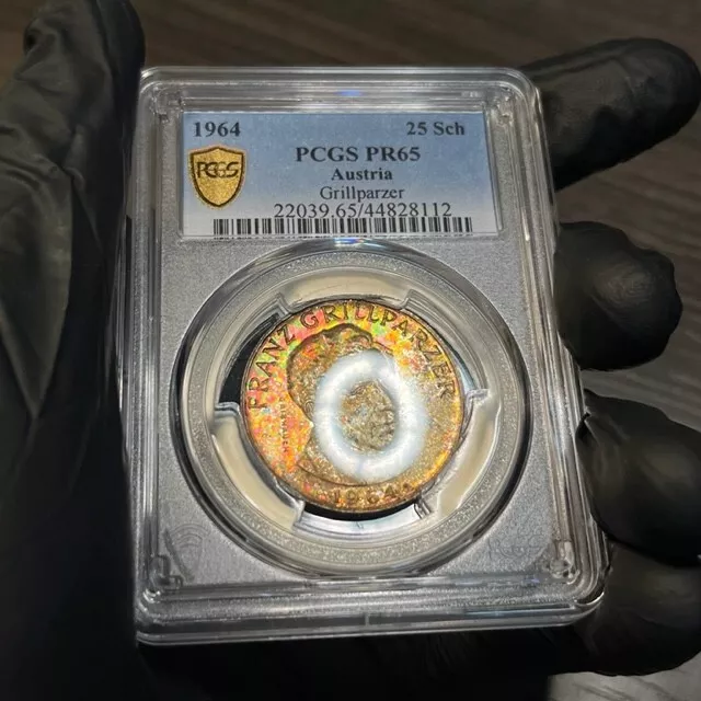 PR65 1964 Austria Olympic 25 Schilling Silver Proof, PCGS- Neon Rainbow Toned