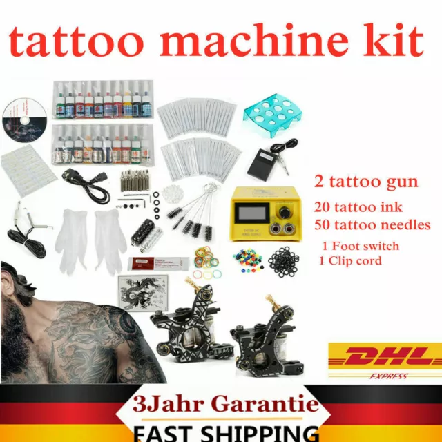 Set completo 2 macchine per tatuaggi macchina per tatuaggi 20 inchiostri 50 ago alimentatore DHL