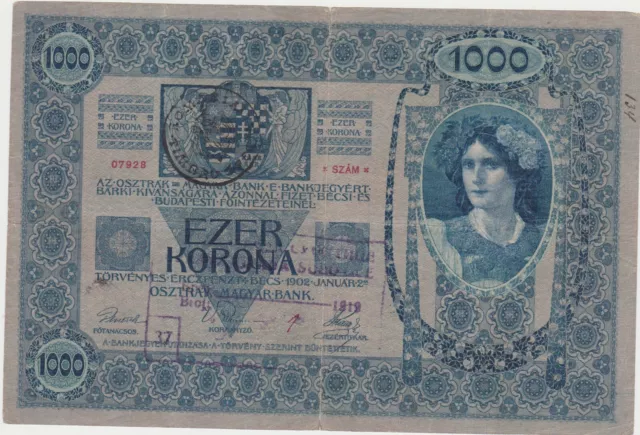 Austria Hungary 1000 Korona Kronen 1902 2 Regional Stamps Timbru Special