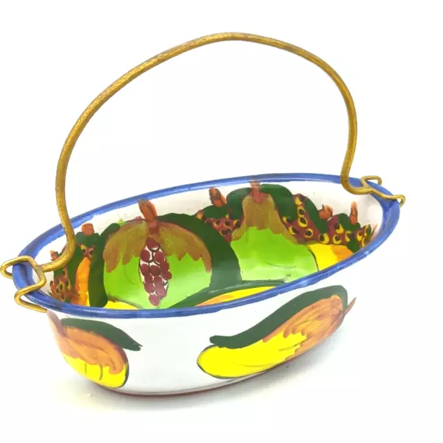 Talavera Mexican Brass Handle Pottery Serving Bowl Painted Fruit 9 1/2" x 5 3/4"