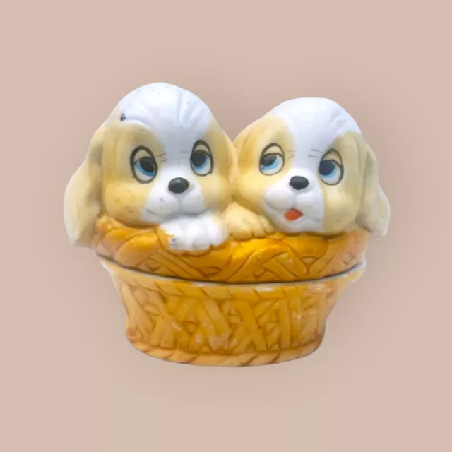 Vtg Puppies In A Basket Porcelain Lidded Candle Dish Spaniel Hound Dog Pups