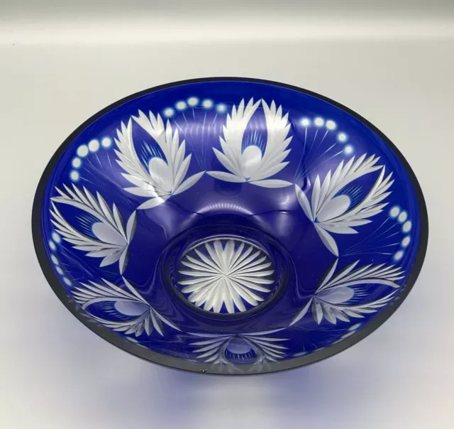 Vintage Bohemian Cobalt Blue Cut to Clear Glass Bowl Water Lily Flower Design Vintage Bohemian Cobalt Blue Cut to Clear Glass Bowl Water Lily Flower Design